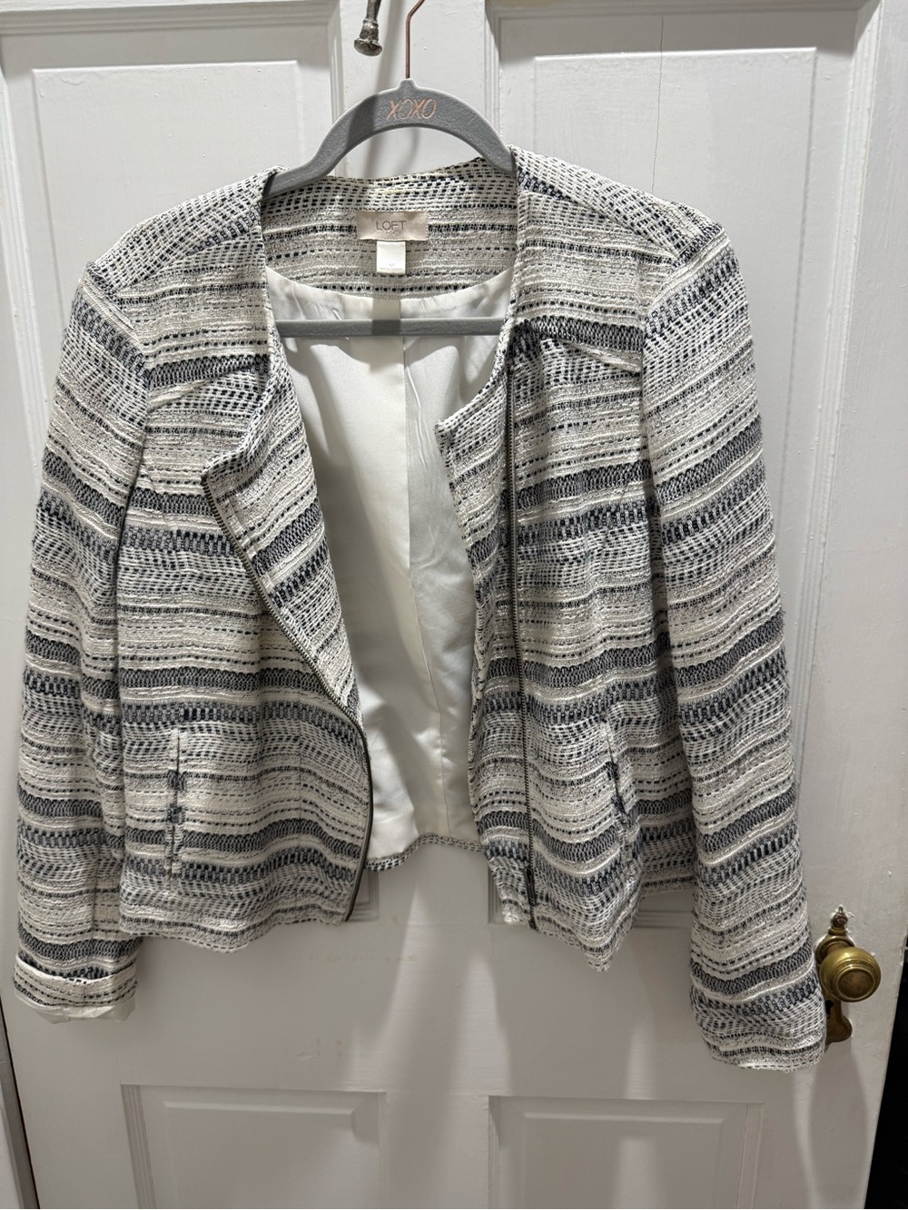 LOFT Ivory and Gray Striped Open-Front Blazer